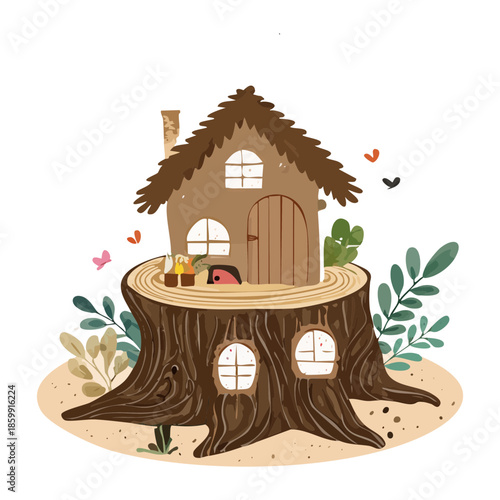 Multi story tree house built into a large trunk with windows and forest plant life for fantasy art