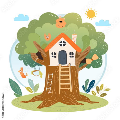 Colorful bird house style tree home with a ladder and bright green plant leaves for spring season