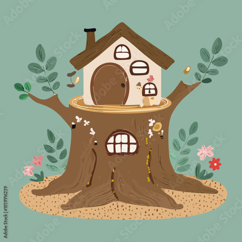 Traditional tree house design with a brown roof and surrounding green plant branches for ecological living concept