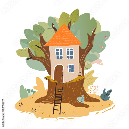 Tree house built on a tall trunk with a ladder and green leafy plant canopy for kids adventure