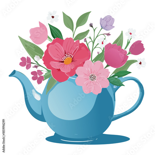 Elegant light blue teapot filled with lush pink rose flower plant blossoms for a charming spring tea party
