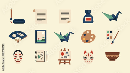 日本の伝統的な芸術と工芸品を表すイラストのコレクション.