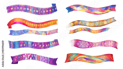 Collection of colorful decorative ribbons with intricate patterns vibrant ethnic textile design elements for graphic projects on white background.