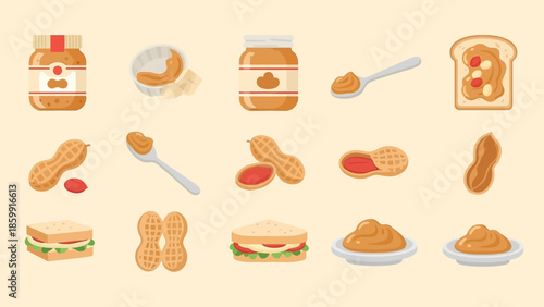 ピーナッツバターとピーナッツの様々な表現を描いたイラストセット.