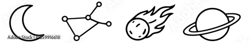 Hand drawn line art space icons set featuring a moon, constellation, comet, and planet for astronomy design
