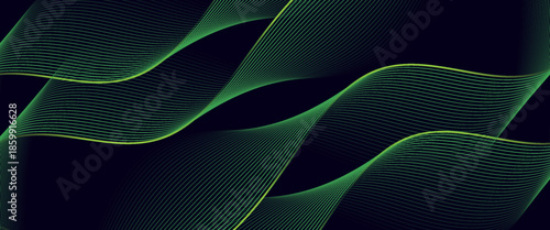 Dark abstract background with glowing wave. Shiny moving lines design element. Elegant dynamic wavy lines. Modern futuristic technology concept. Vector