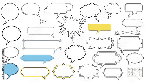 様々な形状の吹き出し、会話、思考、アイデアを表現するデザイン素材集.