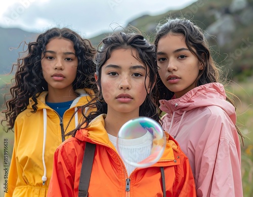 Three young girls in colorful jackets, standing outdoors with blurred mountains and greenery in the background