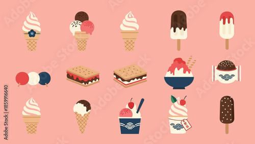 様々なアイスクリーム、かき氷、アイスキャンディーのイラスト集.