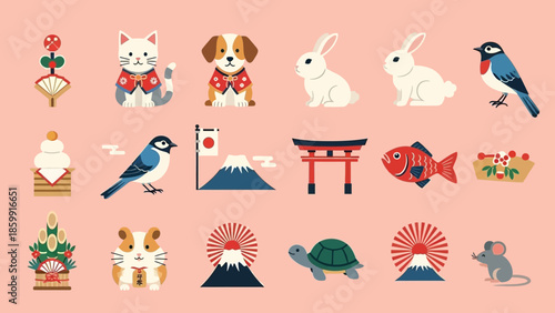 日本の伝統的なお正月飾りと縁起物のイラストセット、猫、犬、うさぎ、鳥、金魚、亀、ねずみ、富士山、鳥居、門松、鏡餅など.
