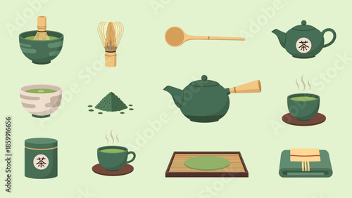 抹茶を点てるための道具一式と、抹茶を使った飲み物や抹茶パウダーのイラスト.
