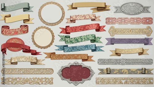 ヴィンテージ風の装飾的なリボンとフレームのコレクション.