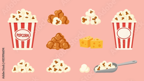 様々な種類のポップコーンとチーズのイラスト集.