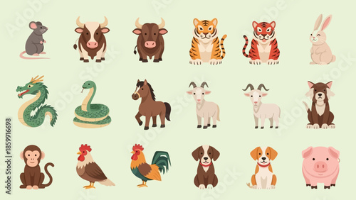 十二支の動物たちのイラスト集。ネズミ、ウシ、トラ、ウサギ、ドラゴン、ヘビ、ウマ、ヒツジ、サル、ニワトリ、イヌ、ブタ。.