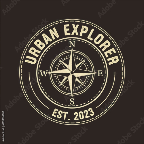 Vintage compass logo with circular seal design for urban exploration and travel branding.