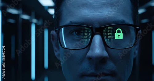 IT security specialist in glasses looking at data stream with binary code, padlock and check mark icons reflecting in lenses representing access granted and secure connection in server room