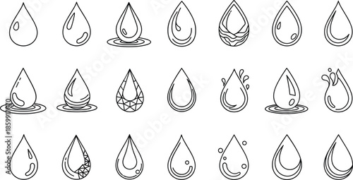 Collection of Water Drop Icons Featuring Various Shapes Splashes and Ripple Effects Isolated on White Background for Clean Energy Design