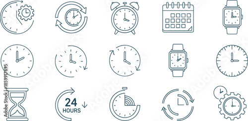 Time and Management Icon Set Featuring Clocks Watches Hourglass Calendar and 24 Hour Service Symbols Isolated on White Background for Design