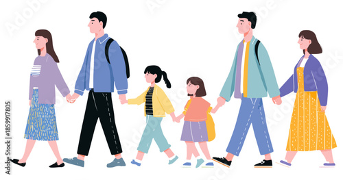 Ilustração vetorial de uma família grande e diversa caminhando junta, segurando as mãos em fundo branco transparente.