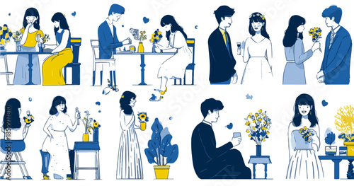 Ilustrações vetoriais de casais celebrando romance e entrega de buquês de flores em estilo minimalista.