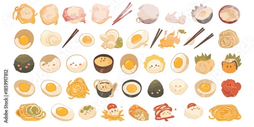 Coleção vetorial de ingredientes de ramen e ovos cozidos em estilo kawaii, com fundo transparente.