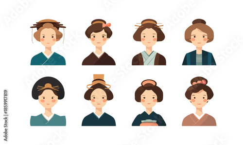 Coleção de avatares femininos japoneses com penteados e vestimentas tradicionais, ilustração vetorial