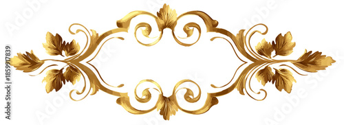 Ornato dourado barroco com folhas e arabescos, elemento decorativo vetorial elegante com fundo transparente.