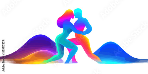 Silhuetas coloridas de casal em pose sensual com ondas abstratas vibrantes sobre fundo branco