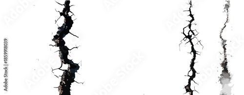 Conjunto de rachaduras verticais escuras isoladas em fundo branco para design transparente.