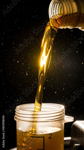 Golden engine oil or lubricant gracefully pouring into a transparent container against a dark dramatic background.
