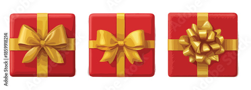 Três ícones vetoriais de caixas de presente quadradas vermelhas com laços dourados em fundo transparente.