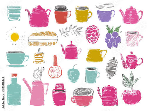 Conjunto de ilustrações coloridas e desenhadas à mão de bules, xícaras, frutas e alimentos sobre fundo transparente.