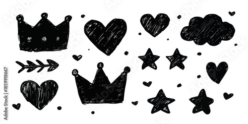 Conjunto de ícones desenhados à mão, preto e branco, com coroas, corações, estrelas e nuvem, isolados.
