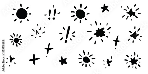 Coleção de ícones desenhados à mão de sol, estrelas e brilhos com fundo transparente para design.