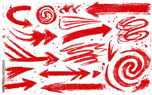 Conjunto de setas vermelhas desenhadas à mão com textura grunge e efeito pincelado sobre fundo transparente.