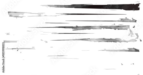 Conjunto de pinceladas escuras e horizontais, textura grunge, efeito de tinta seca e rascunho com fundo transparente.