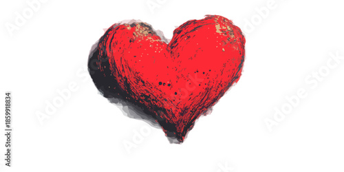 Coração vermelho vibrante desenhado à mão com textura grunge, isolado em fundo transparente.