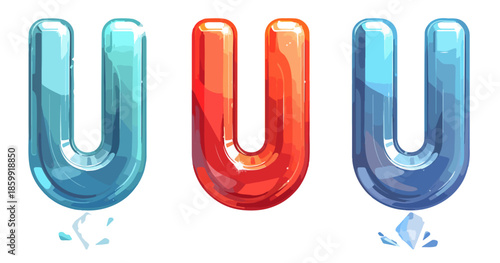 Três letras 'U' em estilo 3D brilhante e vítreo, com cores azul gelo e vermelho vibrante, isoladas em fundo transparente.