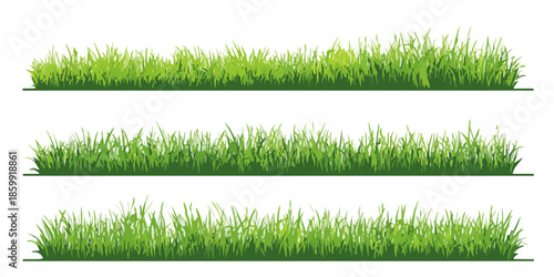 Três faixas horizontais de grama verde vibrante em estilo vetorial com fundo transparente, perfeitas para design.