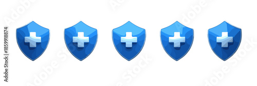 Cinco escudos azuis com sinal de mais branco, ícones de proteção de saúde e segurança em fundo transparente.