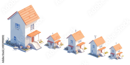 Conjunto isométrico de casas residenciais em tamanhos decrescentes com fundo transparente.
