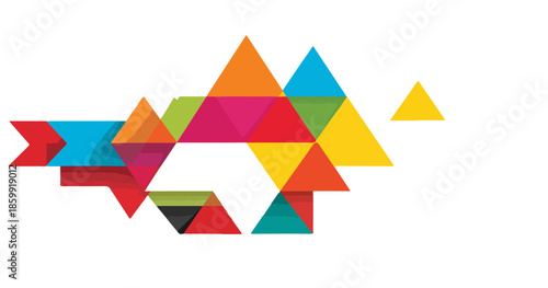 Abstrato vibrante de formas geométricas triangulares coloridas sobre fundo branco, design moderno e digital.