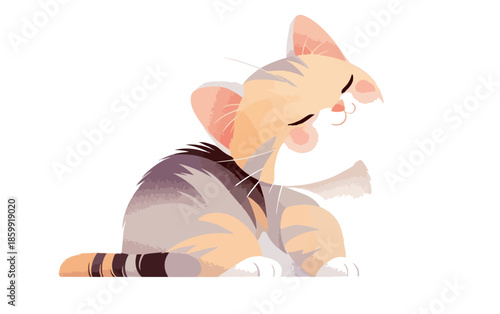 Gatinho listrado bege e cinza se coçando alegremente com fundo transparente, ilustração vetorial