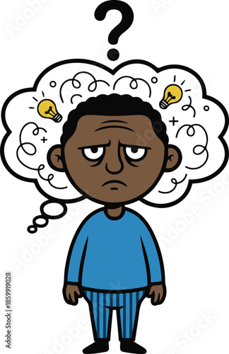 Vector illustration of a tired and confused cartoon man wearing blue pajamas, standing with a chaotic thought bubble containing scribbles and light bulbs, symbolizing exhaustion or brain fog.