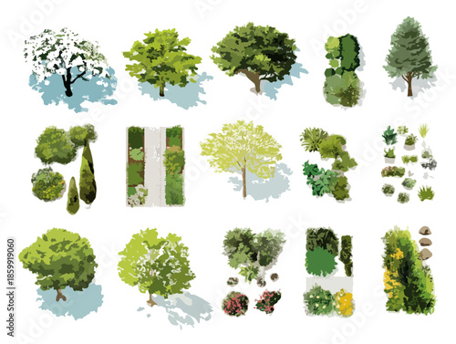 Coleção de ícones de árvores e arbustos em vista aérea para projetos de paisagismo com fundo transparente.