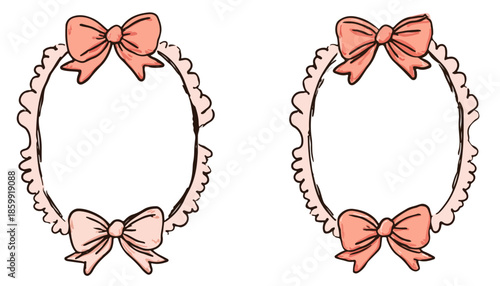 Dois molduras ovais delicadas com laços de fita rosa pêssego, ideais para convites infantis.