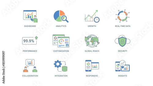 Collection of Business and Technology Icons Representing Data Analysis and Strategy.