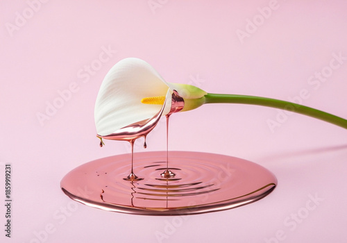 Elegant white calla lily flower with a captivating metallic rose gold liquid dripping onto a pink surface abstract art.