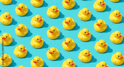 Adorable repeating pattern of bright yellow rubber ducks arranged neatly on a vibrant blue background a playful design.