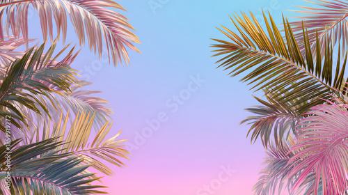 Vibrant palm leaves framing a soft gradient sky, capturing the essence of tropical serenity and nature's beauty.
